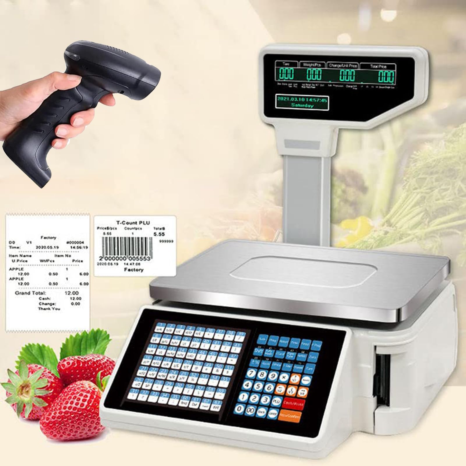 MYUYEE Price Computing Scale With Dual Display,Cash Register,Label Printing, Scanner,30Kg Digital Scales For Supermarket/Retail (A+Scanner)