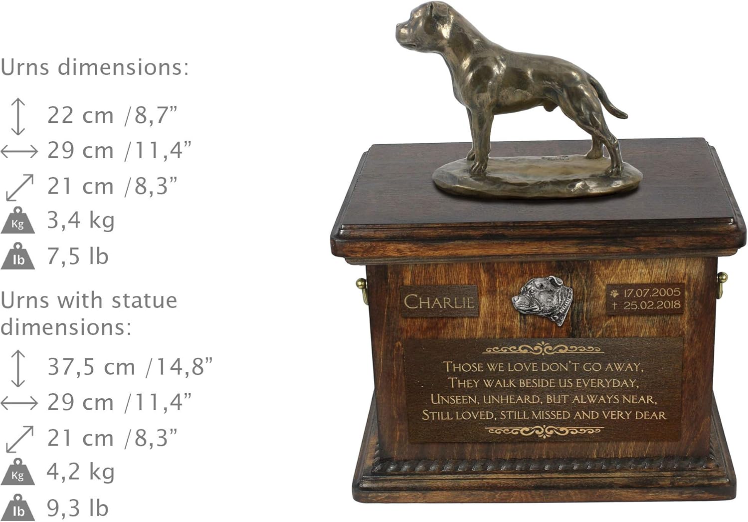 Art-Dog Custom Dog Sitting Statue Memorial Urn - Handmade Cold Cast Bronze on Birch Base – Sturdy and Stylish Urn for Dog’s Ashes – 8.3x11.4x8.7 – 5l – English Staffordshire Terrier I