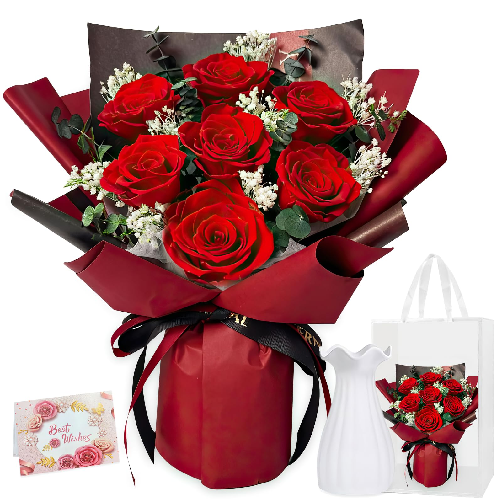 Cigaa Women's Red 2 Bouquet Of Flowers- Forever Rose Eternal With Vase | Preserved Flower Real Rose For Girlfriend Wife| Romantic Gift For Her On Anniversary,Mother’s Day,Birthday,Graduation,Valentine (7 Roses)