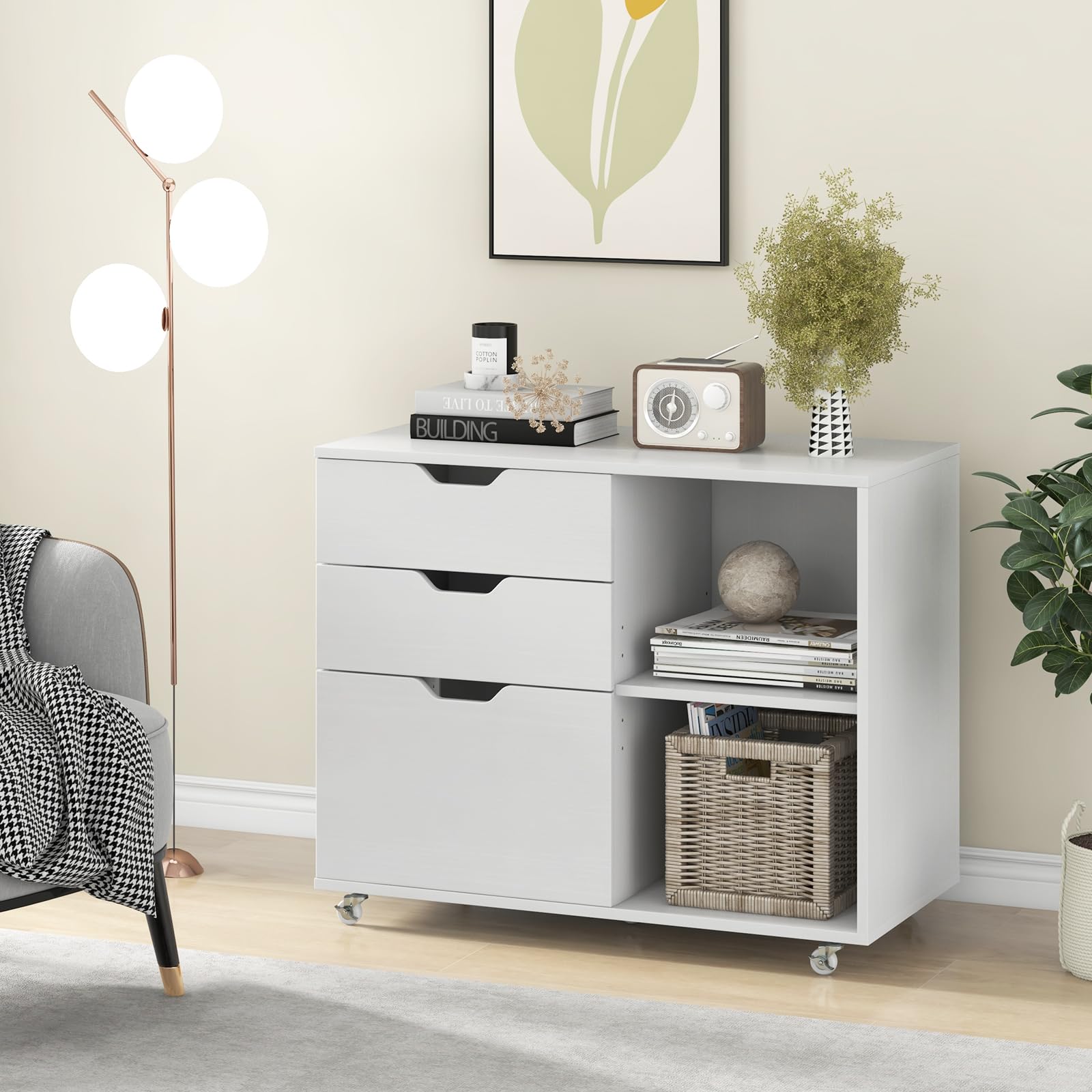 COSTWAY Cajonera con Ruedas, 3 Cajones, Cajoneras Escritorio con Estante Ajustable, Mueble Archivador Oficina, Carta, A4, Tamaño Legal, 81 x 40 x 66,5 cm (blanco)