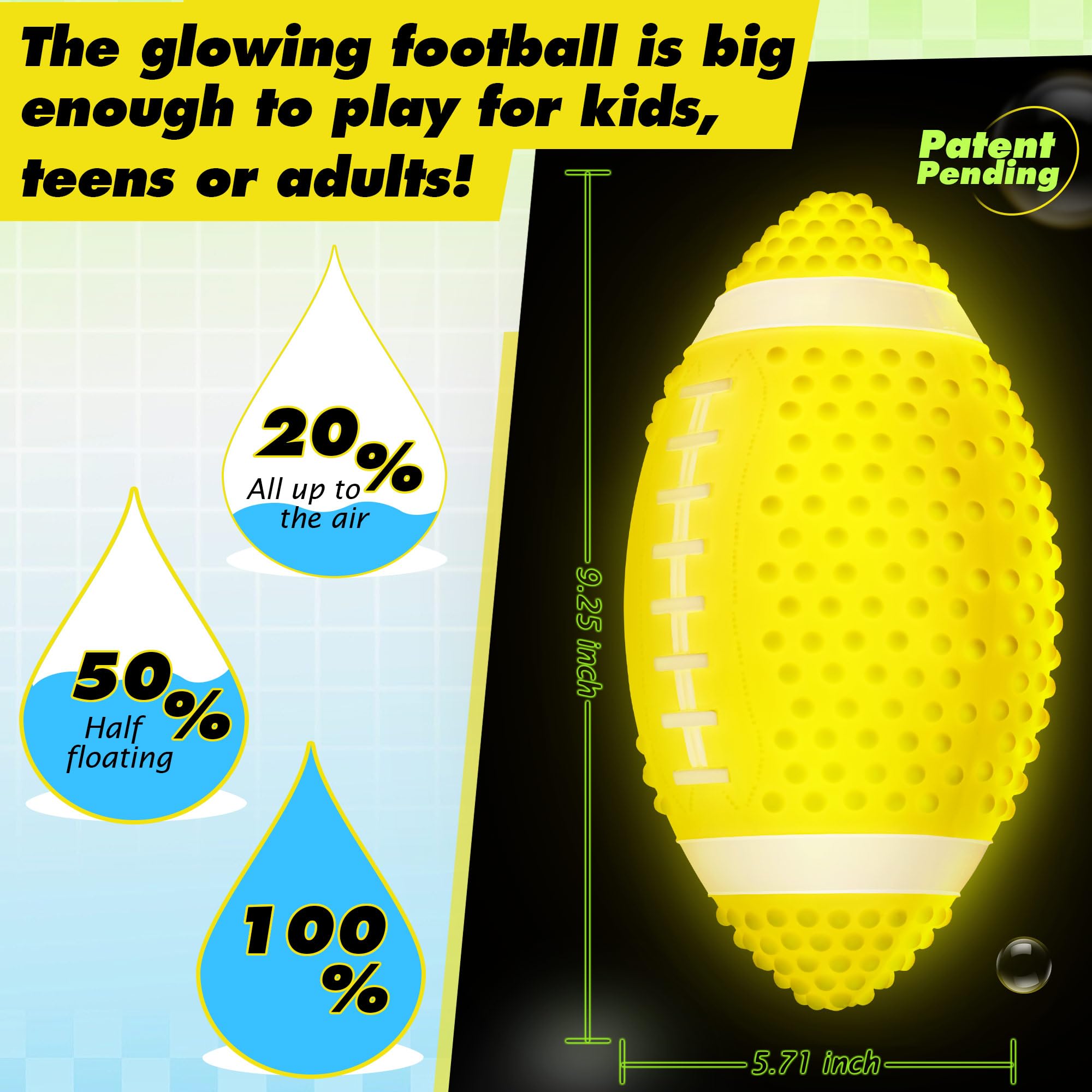ElectricWise Glow in The Dark Football, 9.25 Inches Water Football, Light up Beach Waterproof Pool Toys for Kids and Adult, Pool Games Beach Games for Summer(Yellow)