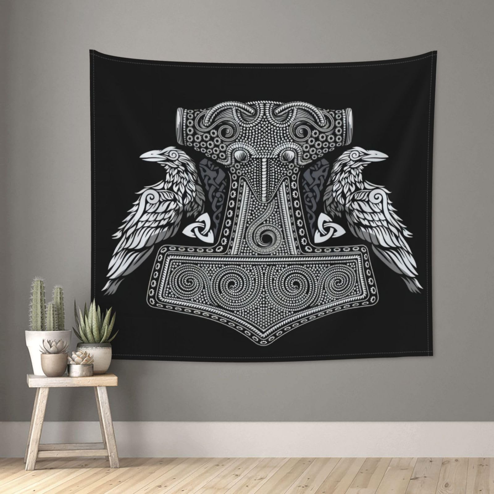 Lukiyys Viking Thors Hammer Old Scandinavian With Odin Ravens Tapestry Wall Tapestries Home Decor Wall Art Tapestry for Bedroom Livingroom 60x51 Inch