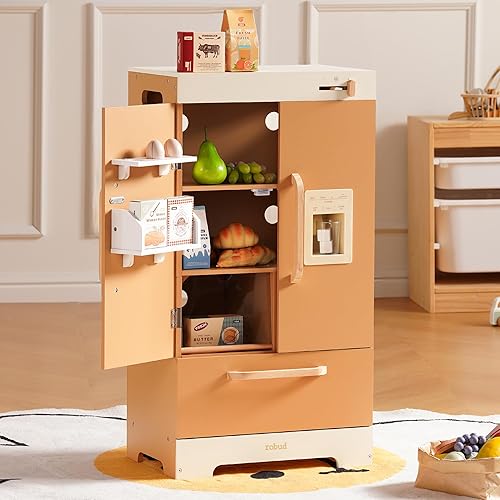 ROBUD Refrigerador de cocina de madera, refrigerador de cocina de juguete, juego de refrigerador congelador para niños con máquina de hielo, juego