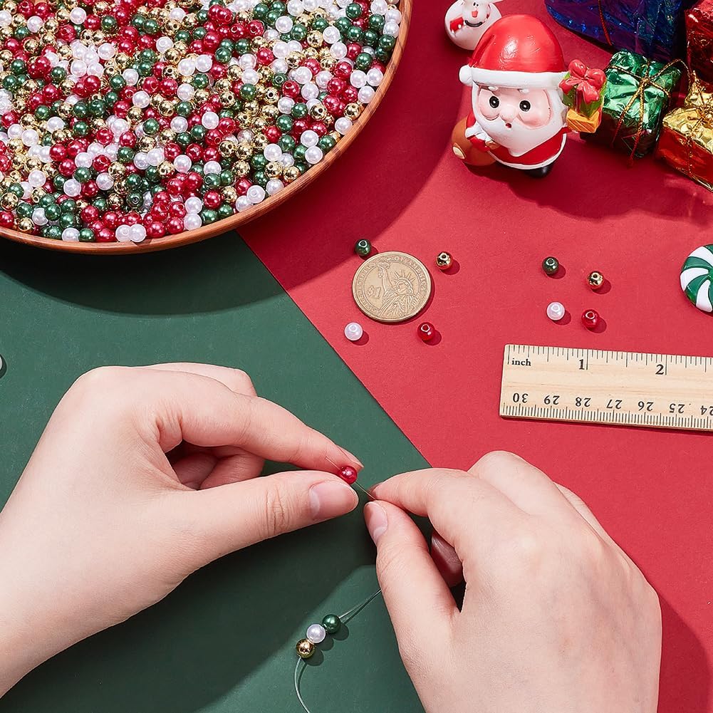 arricraft 2000 Pcs Christmas Pearl Beads, 6mm Acrylic Round Imitation Pearl Bead Red Green Gold White Loose Spacer Small Beads for Jewelry Making DIY Craft Earrings - Image 3