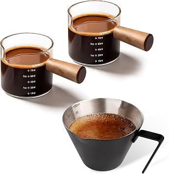 YARRAMATE 2 Pack 100ML Glass Measuring Cups & 100ML Metal Measuring Cup Black