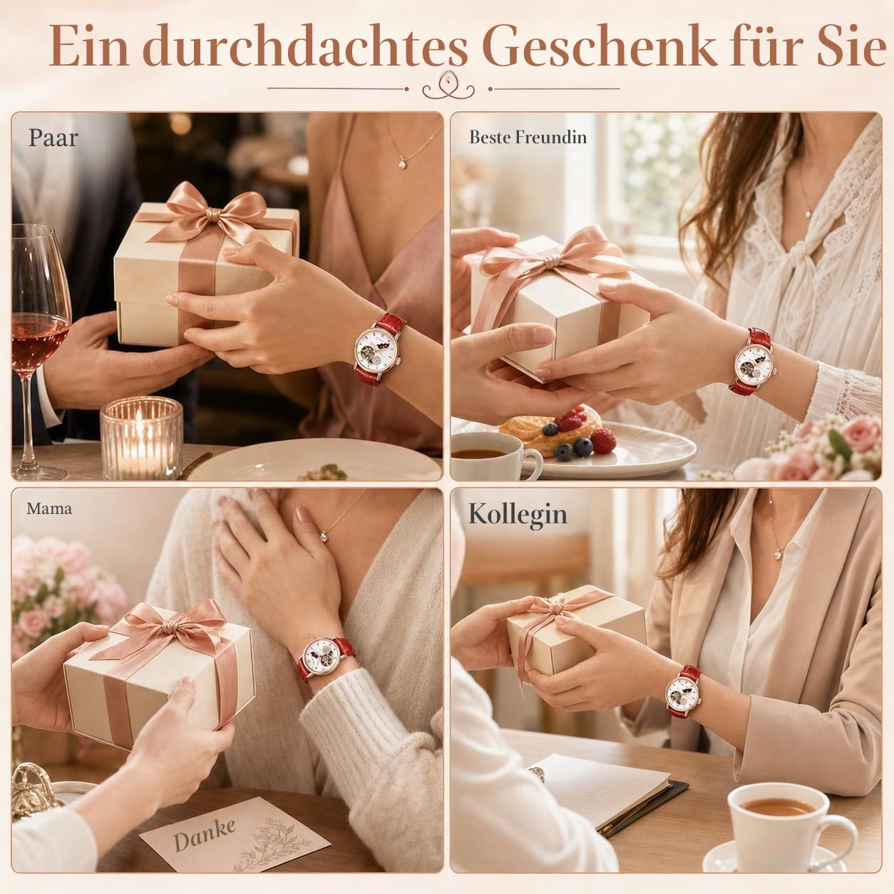 Luxuriöse automatische mechanische Damenuhren, Edelstahl, Skelett, Mondphase, Zifferblatt, selbstaufziehendes Lederband, wasserdicht, Damenarmbanduhr