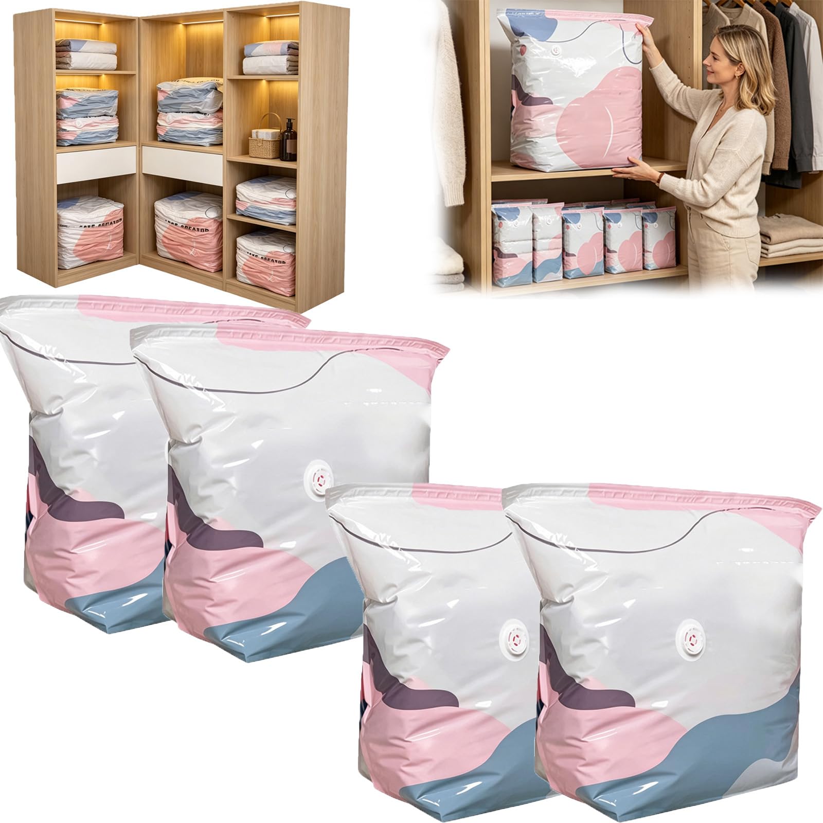 No Pump 3d Vacuum Storage Bags 3-Sec Fast Compression,Heavy Duty Press and Seal No Pump Large Vacuum Storage Compression Bags (4M)