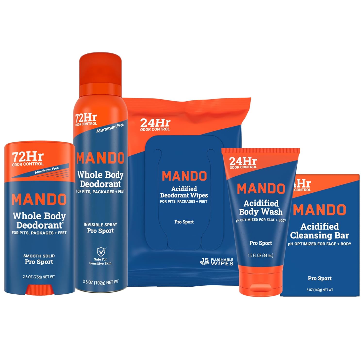 Mando Whole Body Starter Kit - 2.6oz Solid Stick, 3.6oz Spray, 1.5oz Acidified Body Wash, 5oz Acidified Cleansing Bar, 15ct Deodorant Wipes - Aluminum Free Odor Control - 5 Piece Bundle (Pro Sport)