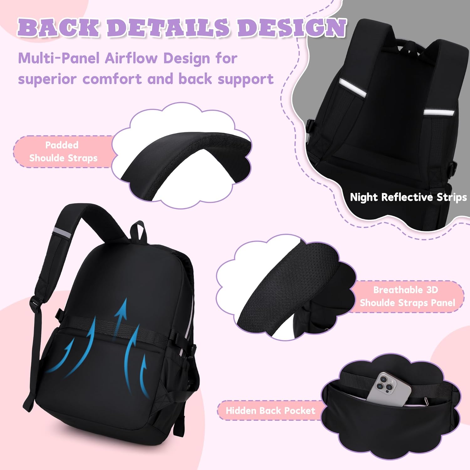 Kids Backpack, Backpack for Girls for Elementary School Multiple Pockets Ages 6-10(Black) - Image 6