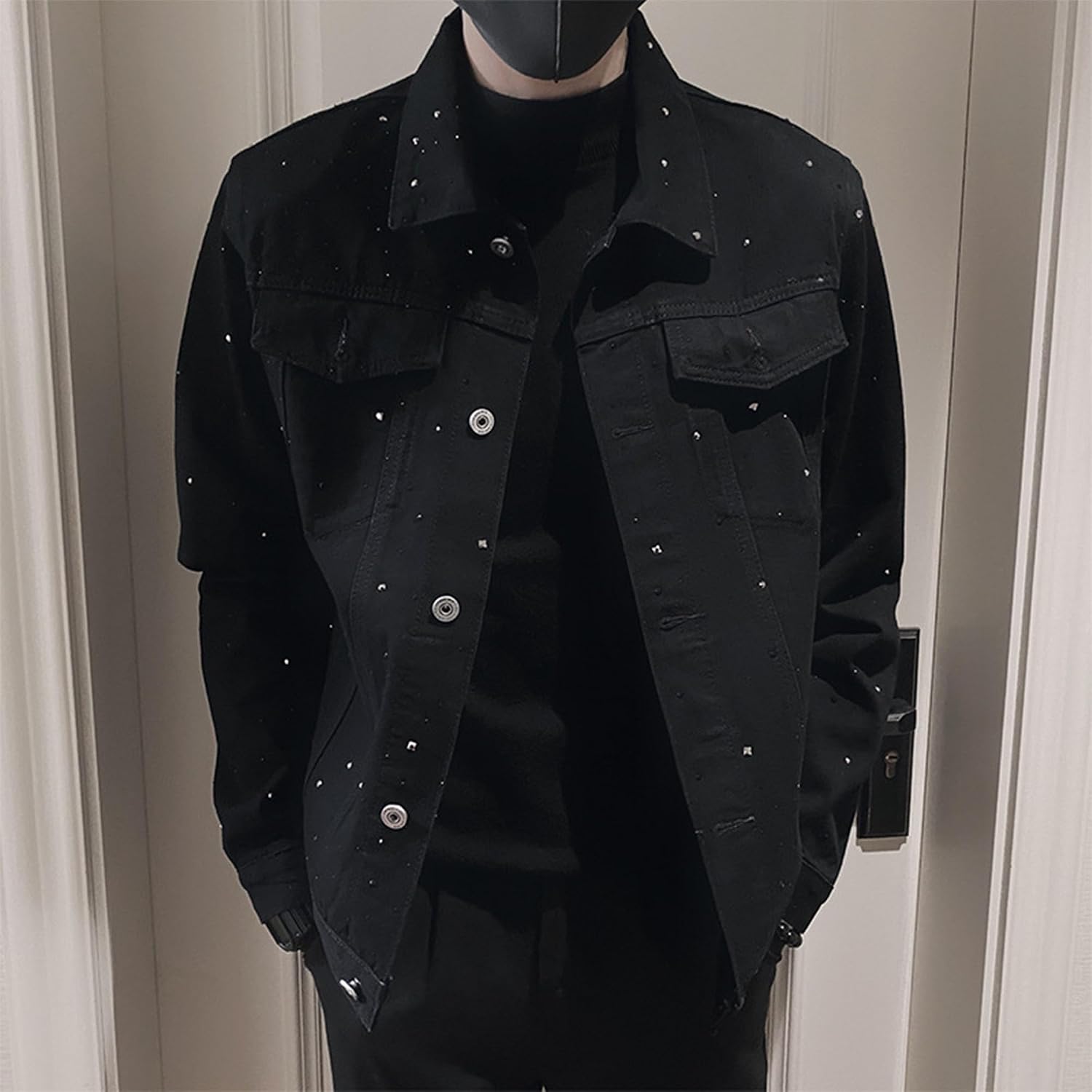 Men's Diamond-encrusted Denim Jacket Fashion Street Button Lapel Denim Coats Casual Long Sleeve Crop Jean Jackets