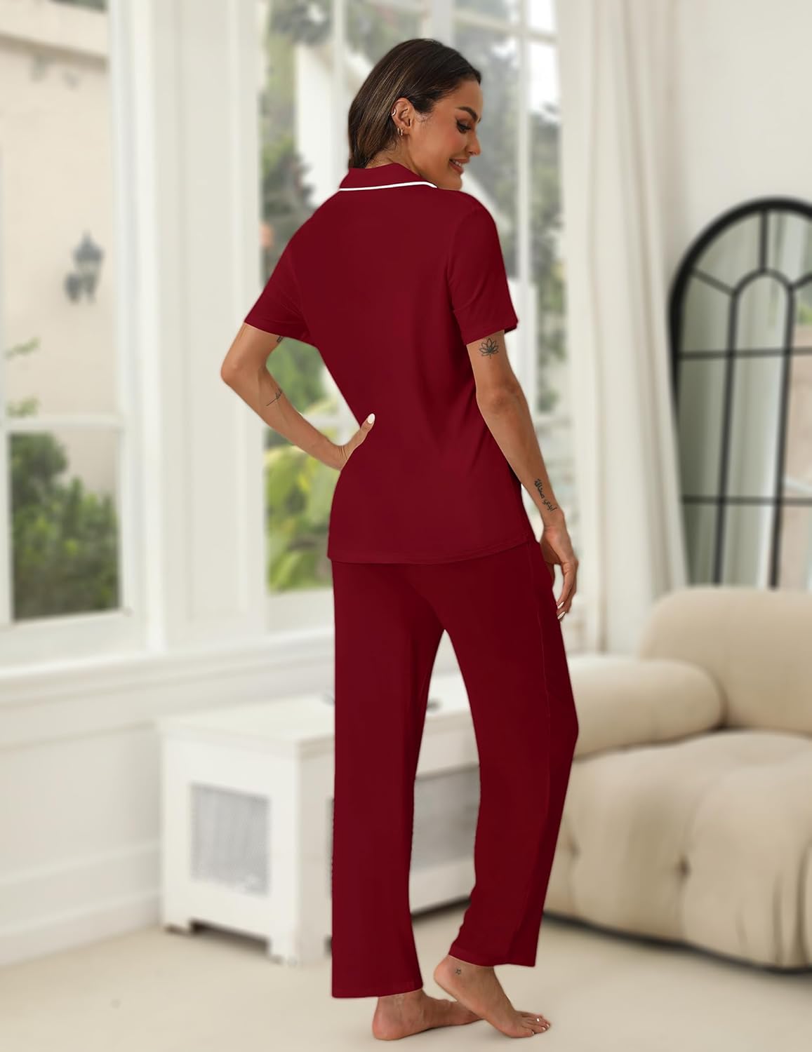 HNG Women Pajamas Set 2 Piece Button Up Pajamas Pant and Short Sleeve Shirt for Woman Pj Sets with Pocket - Image 4