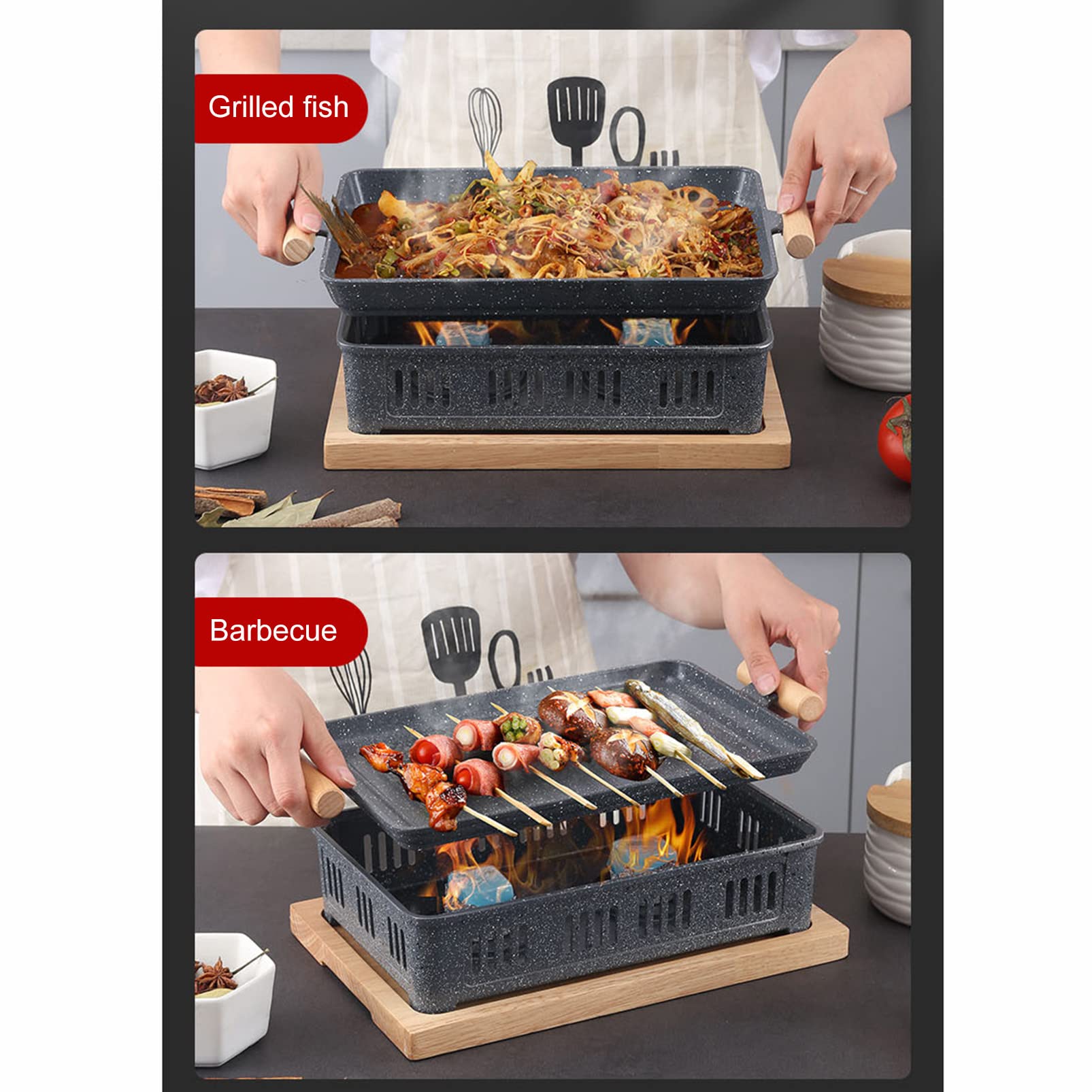 Home/Hotel Griglia per Barbecue Coreana Stufa ad Alcool, Griglia Hibachi da Tavolo in Alluminio pressofuso con Base in Legno e Supporto per Carburante, Griglia da Campeggio Portatile Pentole per Arr