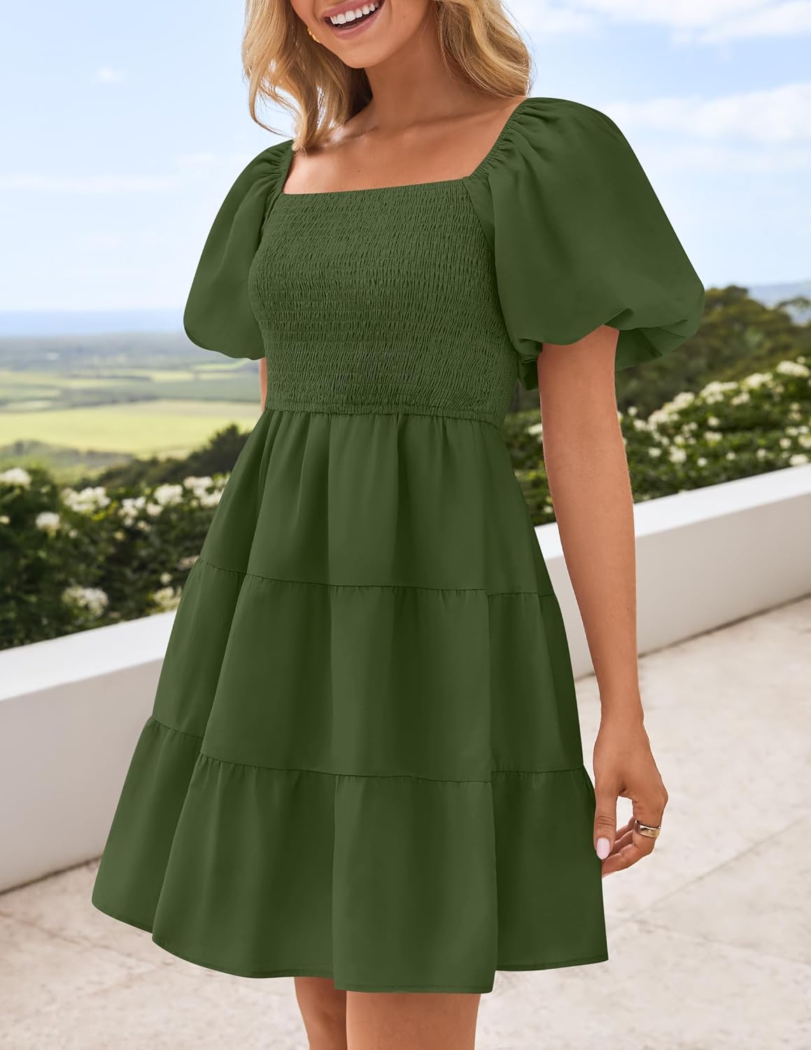 ZESICA Women's Boho 2026 Summer Square Neck Puff Sleeve Off Shoulder Smocked Tiered Casual A Line Short Mini Dress - Image 7