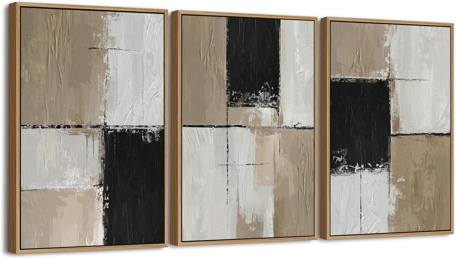 Shoci Large Framed Abstract Wabi Sabi Wall Art Modern Neutral Black Gray Color Block Canvas Artwork Natural Float Framed Minimalist Light Brown Decor for Living Room Bedroom Office 16X24 Inch Set of 3