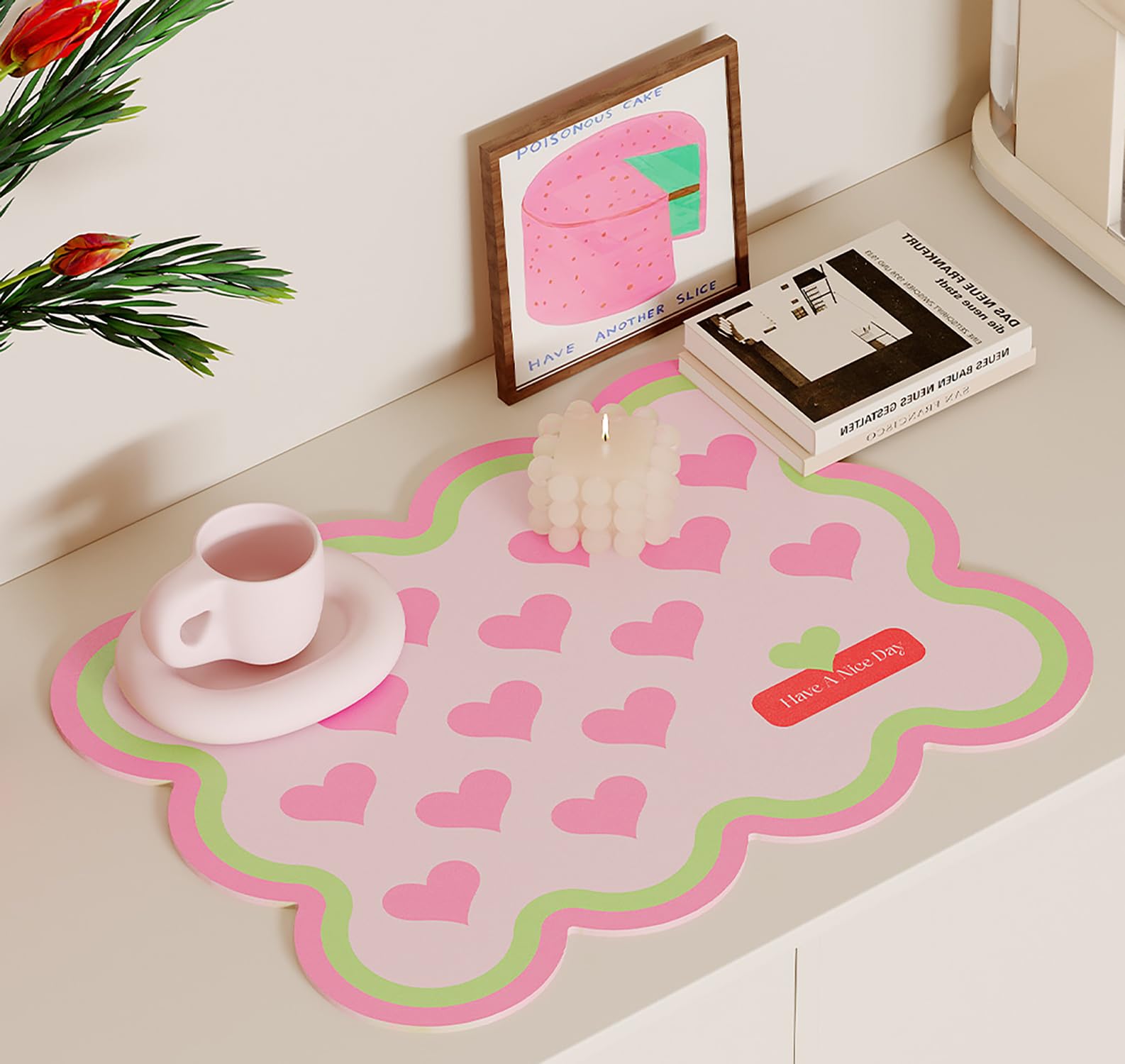 Cute Dish Drying Mat - Lime Heart Design -2