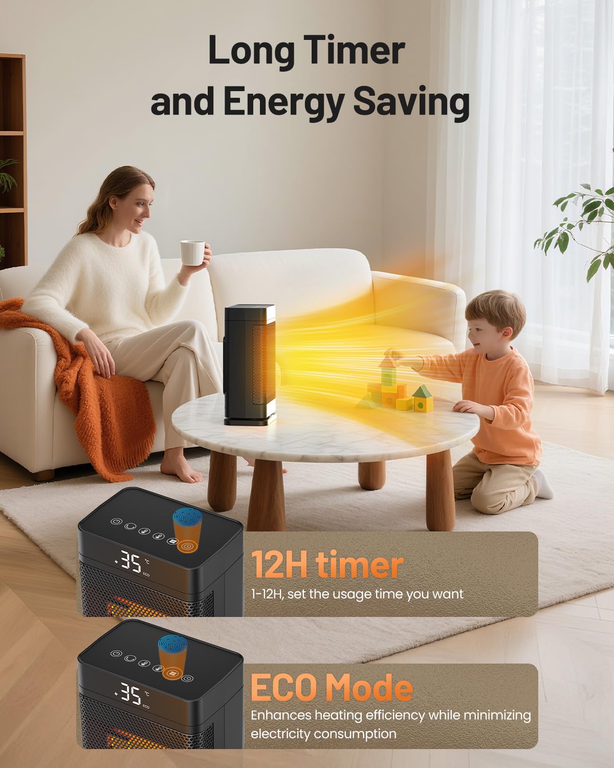 Chauffage d'Appoint Portable 1500W, Electrique à Economie D'énergie, Radiateur Soufflant Compact Silencieux, 3 Réglages, Oscillation 70° Chauffage Soufflant Electrique pour Salon,Bureau,Bain(Noir)