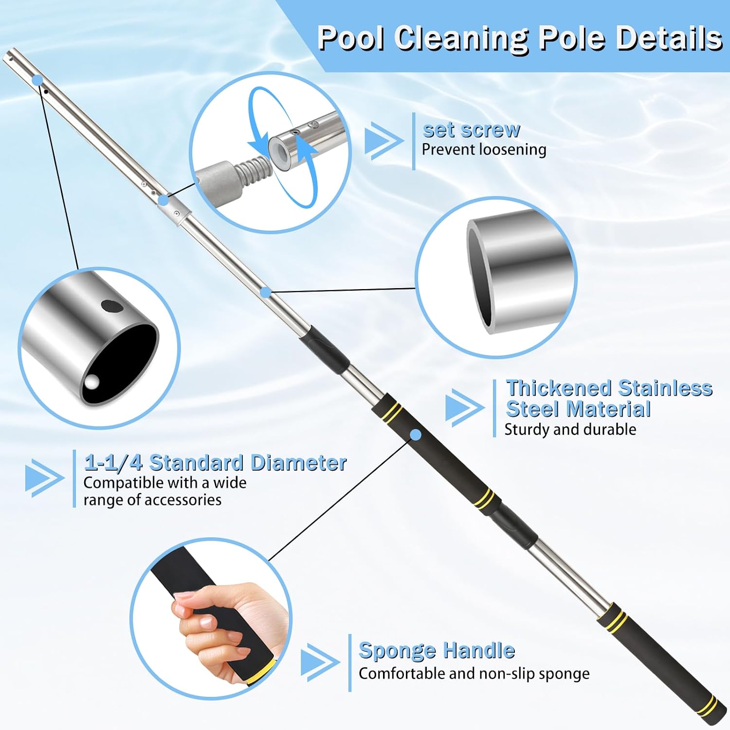 Pool Cleaner Extension Pole 2.5–12.3 Feet: Heavy-Duty Pool Extension Pole for Filter Brushes and Vacuum Heads Adjustable Thickened Steel Construction with Sponge Handle (Pool Pole)