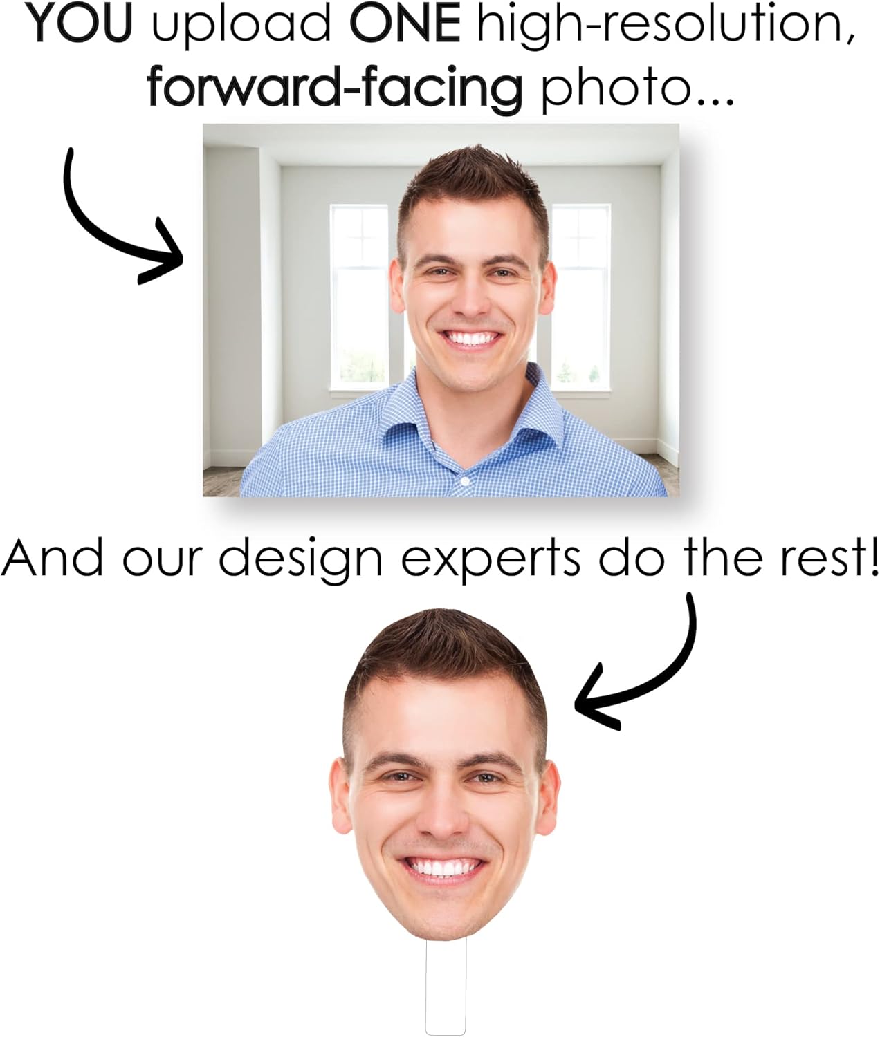 Big Dot of Happiness Fun Face Combo - Custom Head Cut Out Photo Booth and Fan Props Kit - Upload 1 Photo - Set of 3