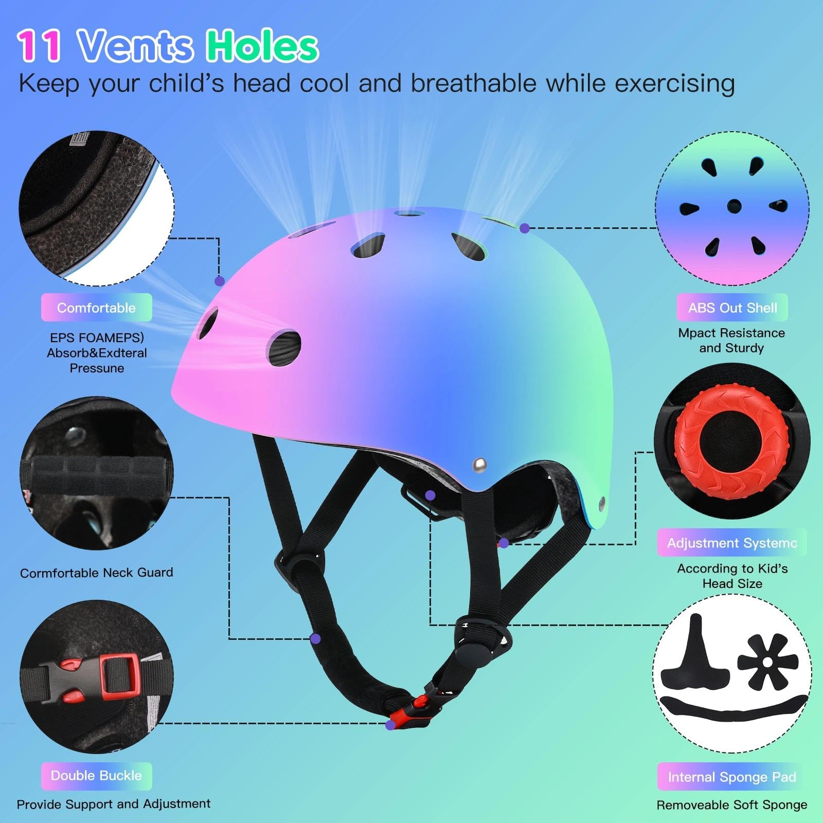 Kolorowy gradient dziecięcy kask rowerowy i podkładki, regulowany kask dla dzieci, zestaw sprzętu ochronnego z ochraniaczami na łokcie, ochraniacze nadgarstków, do jazdy na rowerze