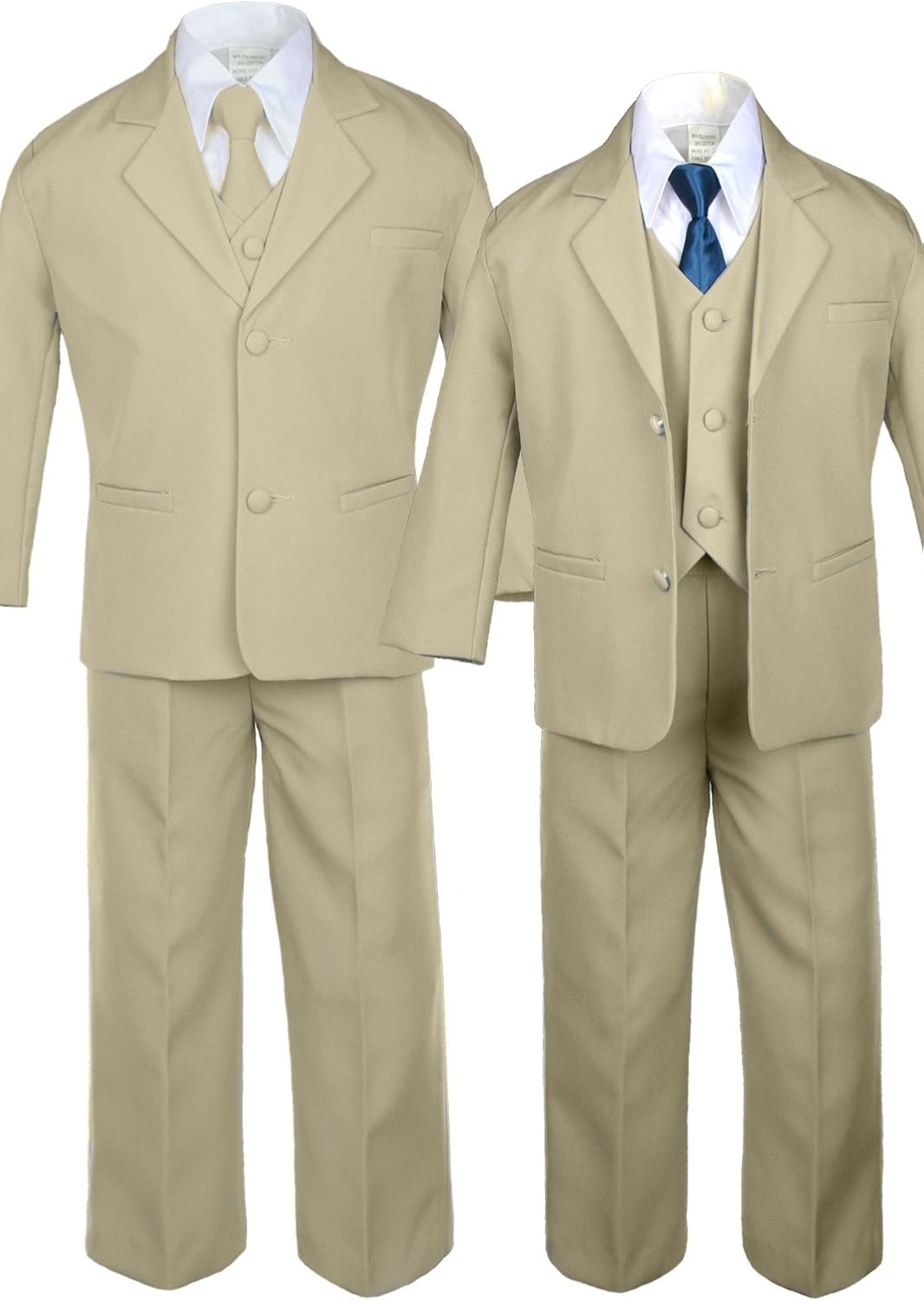 6pc Boy Khaki Vest Set Formal Tuxedo Suits with Satin Green Teal Necktie Baby to Teen