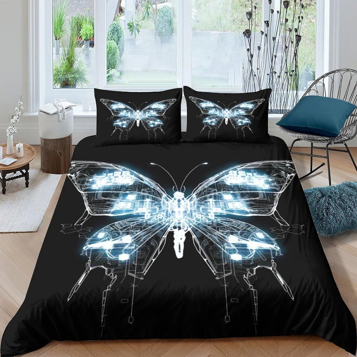 Housse de couette papillon 155x220 cm avec 2 taies d'oreiller lit 2 personnes