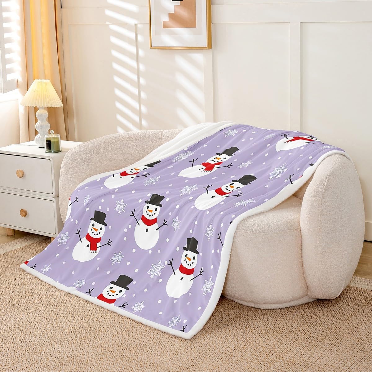 Feelyou Purple Snowman Sherpa Blanket Twin 60"x80" Xmas Fleece Throw Blanket for Kids Merry Christmas Plush Blanket Women Men Teens Ultra Soft Decor Fuzzy Blanket