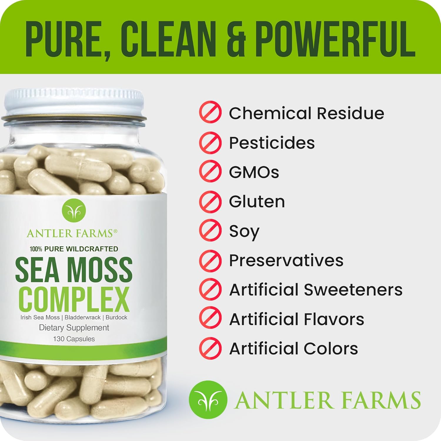 Antler Farms – 100% Pure Sea Moss Complex, 130 Capsules, Wildcrafted Irish Sea Moss, Bladderwrack, and Burdock Root – A Potent Blend for Wellness, Vegan-Friendly, Gluten, Soy, and Dairy Free - Image 7
