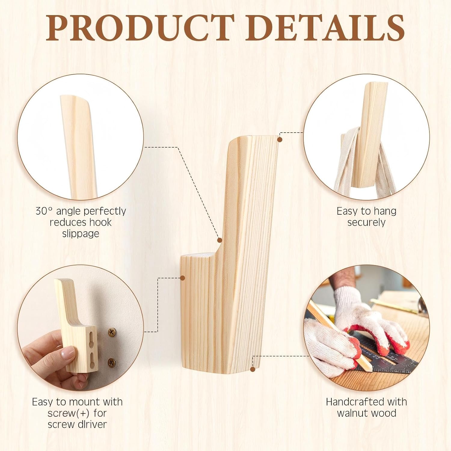 Leinuosen 6 Pack Wood Wall Hooks Walnut Coat Hooks Wall Mounted Bathroom Bedroom Kitchen for Hanging Hat Backpack Bag Jacket Modern Farmhouse Decor for Practical Entryway(Beige,10.2 * 6.5 * 2cm)
