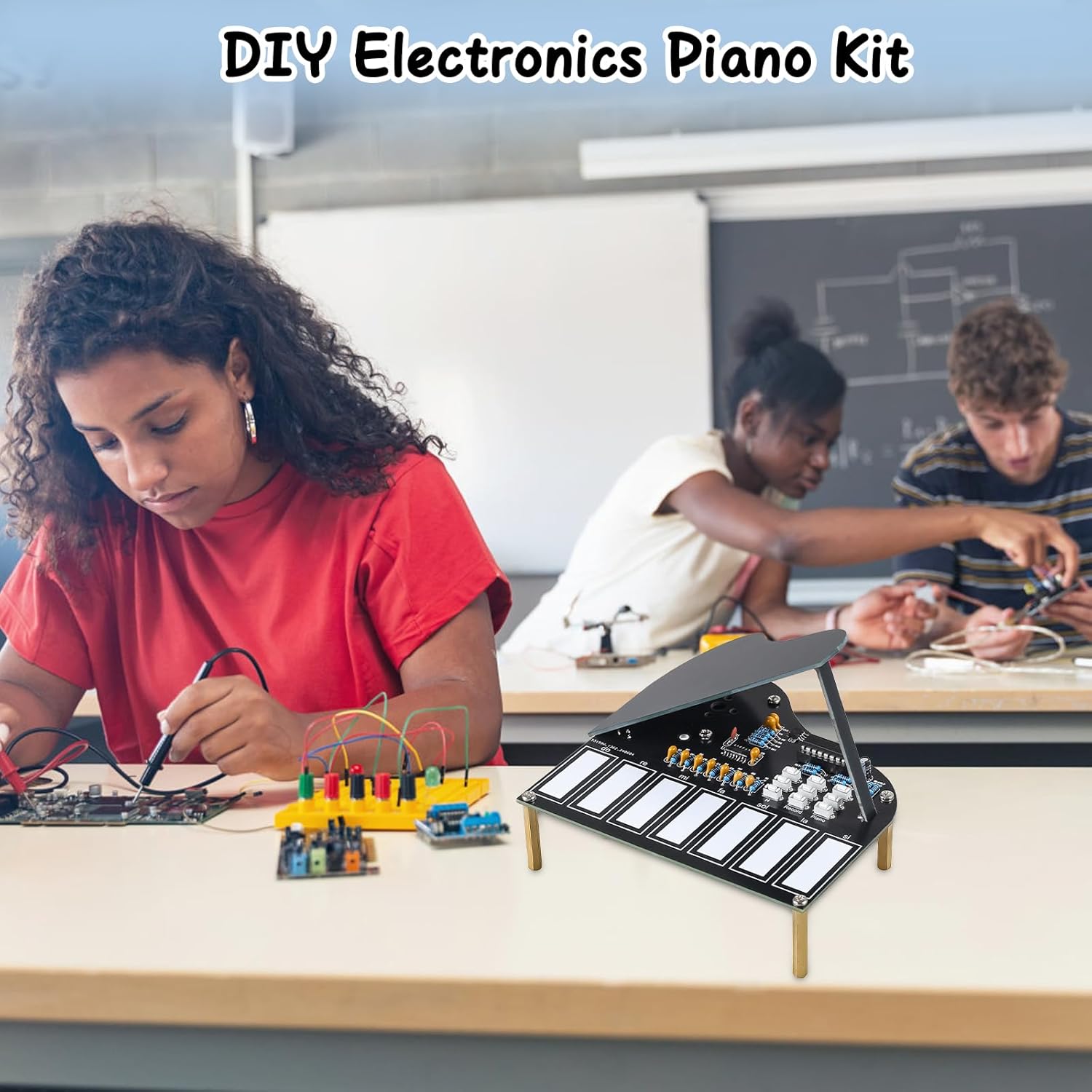 Students engaged in assembling electronic kits, with the MiOYOOW DIY Electronic Piano Kit visible in the foreground.