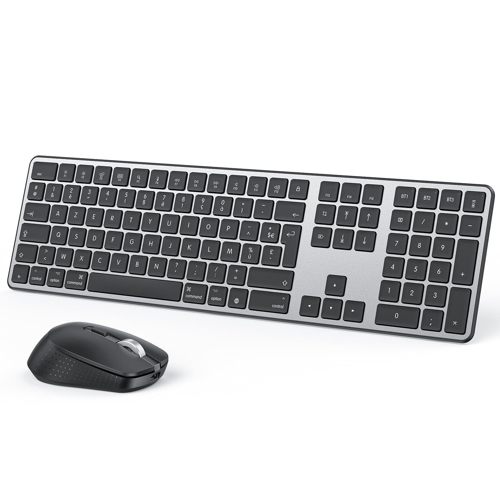 OMOTON Kit Clavier et Souris sans Fil Bluetooth pour Mac Rechargeable, Gris | AZERTY Français, 3 Canaux Bluetooth, Ultra Slim, Clics Silencieux, pour Apple Mac Pro/Mini, MacBook Neo/Air, iMac, iMac Pro