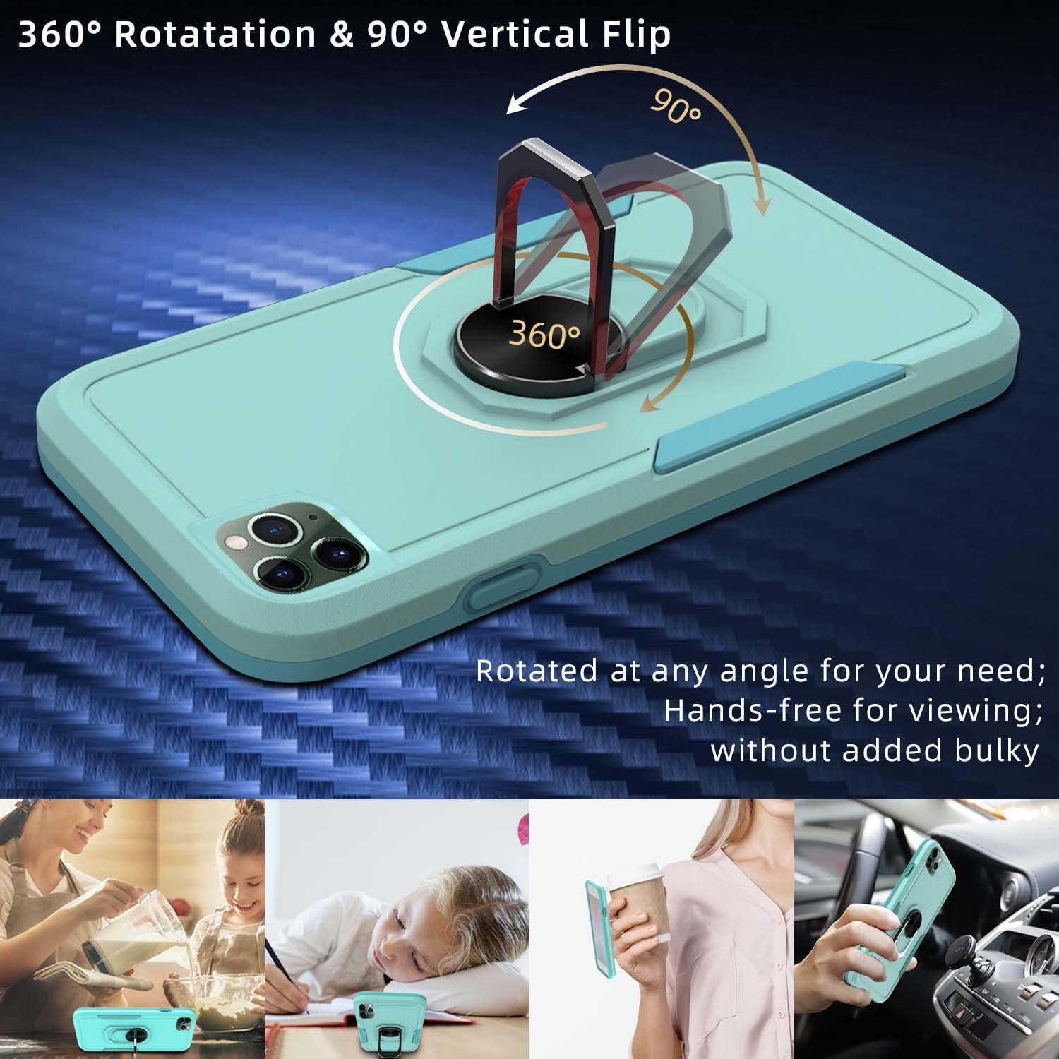 b1b byoneby Kickstand Case for iPhone 13 Pro with Ring Stand Shockproof Protective [3 in 1] Rugged Cases with 2 Pcs Screen Protector & Lens Protector Car Mount Magnetic Phone Cover,Teal
