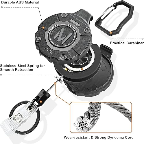 Vista 3 de Paquete de 2 carretes retráctiles resistentes para llavero con tarjetas de identificación, portacarnet retráctil con mosquetón con cable de acero