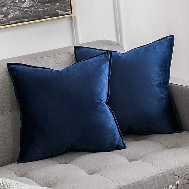 MIULEE Pack of 2 Velvet Soft Decorative Square Throw Pillow Case Flanges Cushion Covers Pillowcases for Livingroom Sofa Bedroom with Invisible Zipper 45cm x 45cm 18x18 Inch Set of Two Navy Blue
