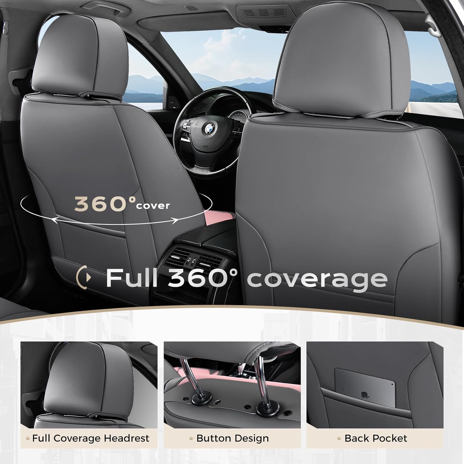 Coverado Car Seat Covers Front, Seat Covers for Cars, Waterproof 2-Pack Car Seat Cushions, Leather Carseat Seat Protectors, Universal Seat Covers Fit for Most Sedans SUV Pick-up Trucks(Gray&Pink)