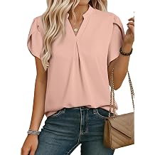 EVALESS Womens Dressy Casual Business Work Chiffon Blouses Tops Summer V Neck Cute Loose Petal Short Sleeve T-Shirts