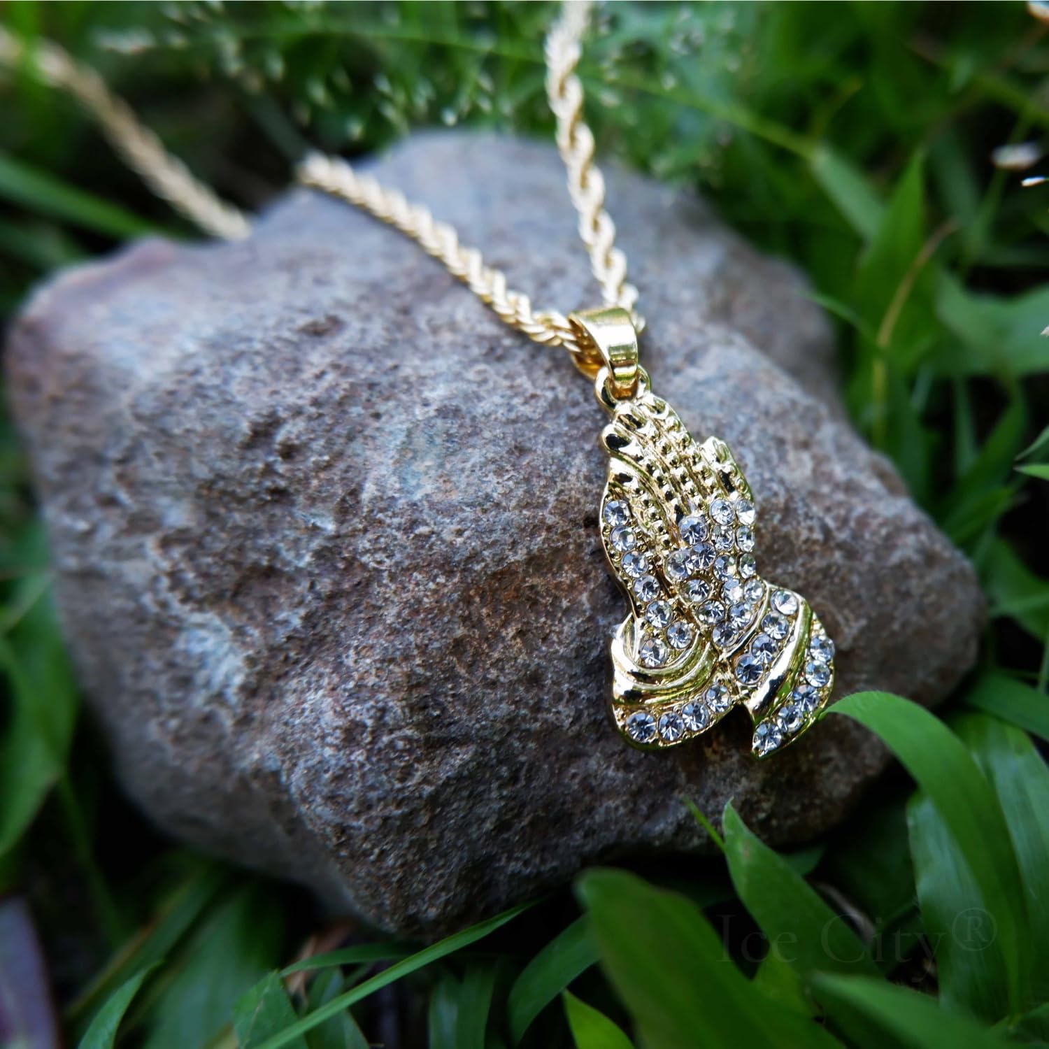 Ice City Men's Praying Hands Pendant Necklace, Cubic Zirconia in Gold and Silver
