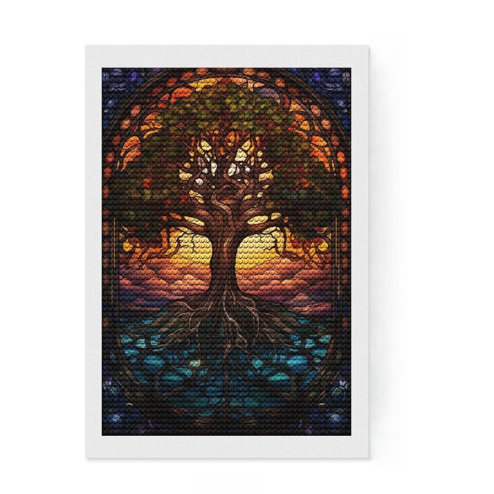 Junmoney Yggdrasil Stained Glass Diamond Painting Kit 8"x12", Detailed Printed Canvas, with Tool Kit, Full Kit Included, Canvas Picture