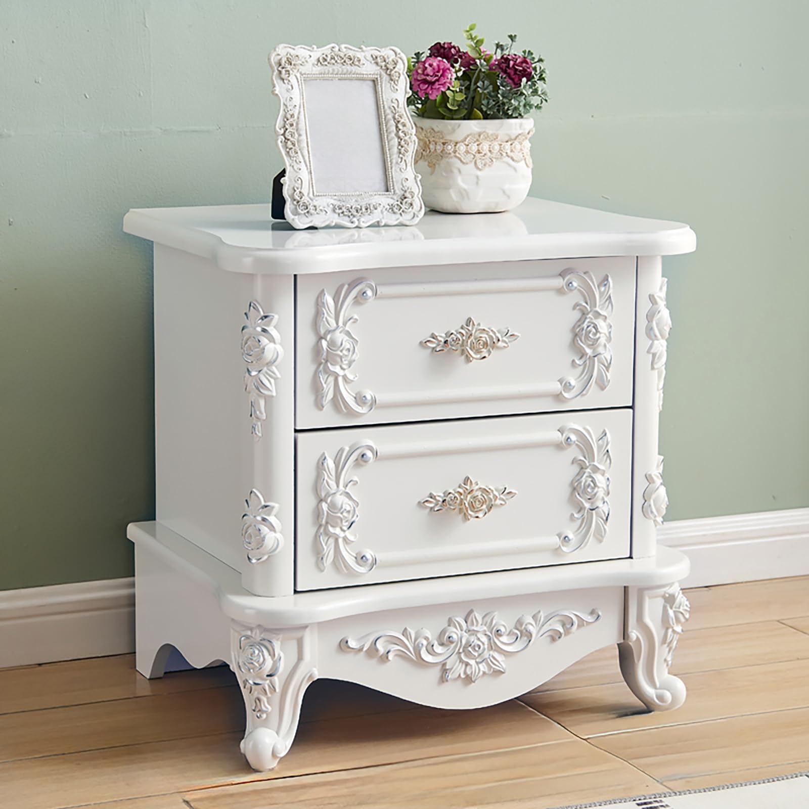 Comodino in Stile provenzale Francese, con Motivo Floreale in Legno e 2 cassetti, Ideale per Camera da Letto e Soggiorno (Bianco e Argento).