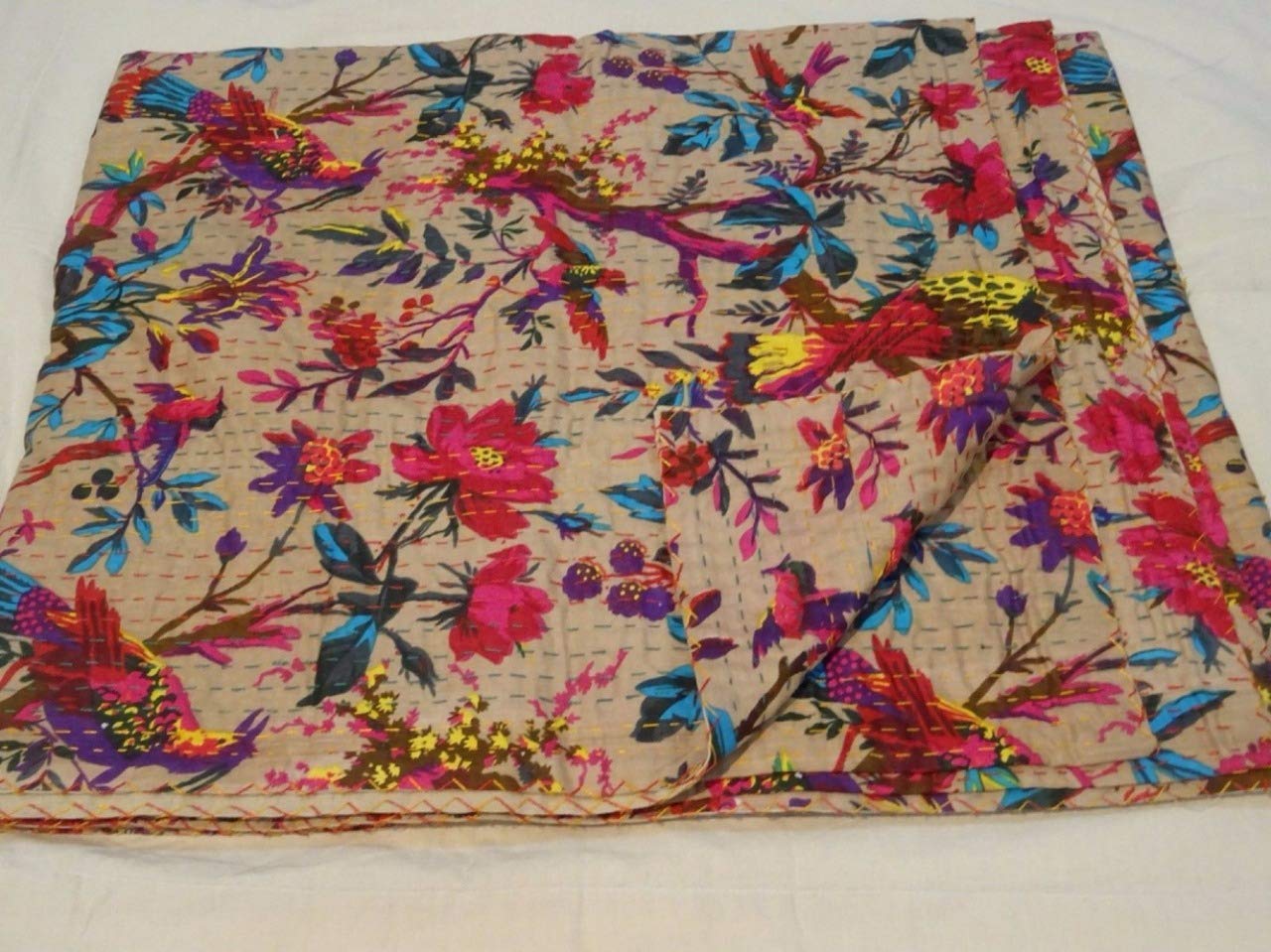 Fortune Creation Double Bed Katha Work Hand Stitched Double Thick bedsheets Bed Cover (Size: 90×108)-image-23
