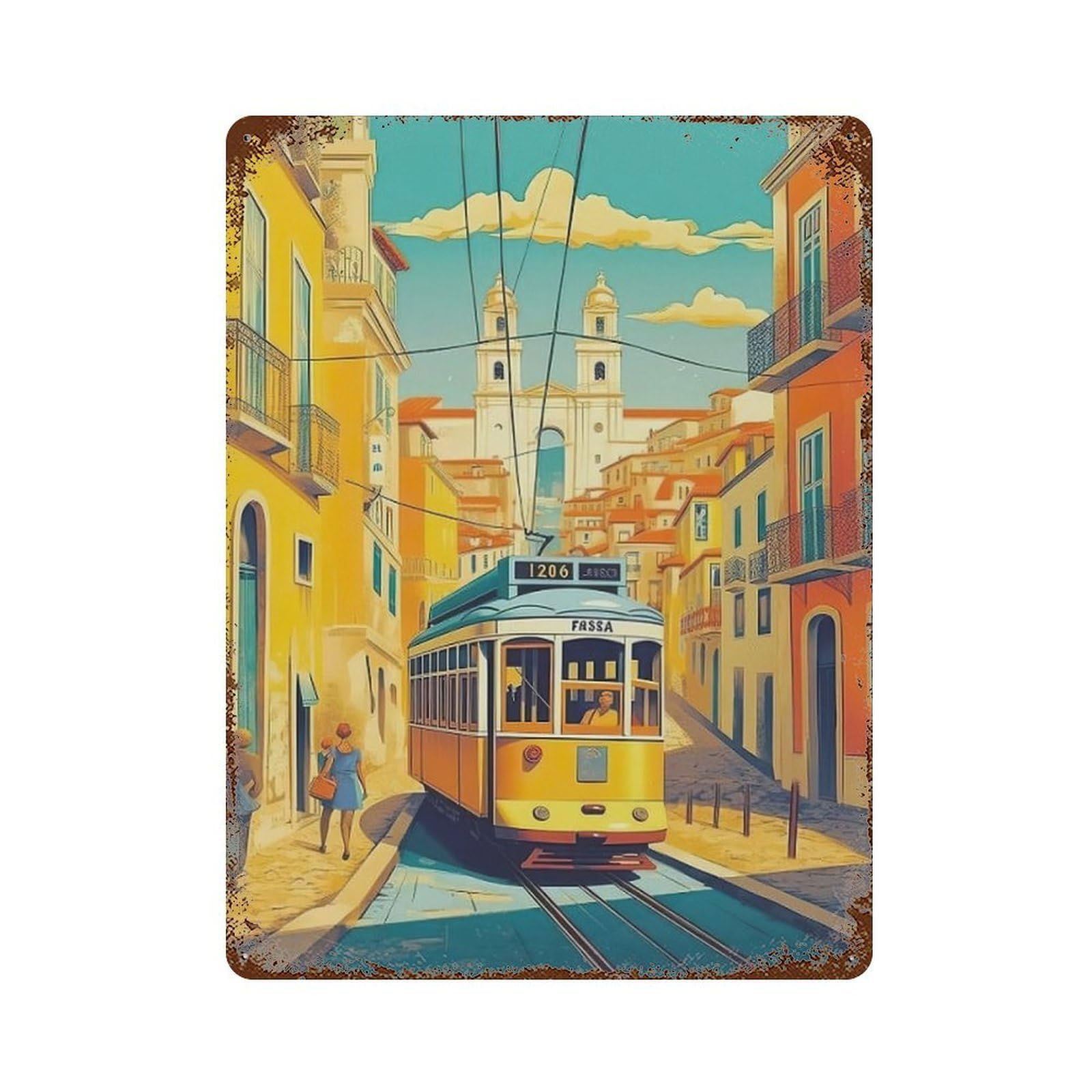 xiaoxiaoshen Cityscape Lisbon Portugal Bus Wall Decor Art Metal Tin Poster Modern Home Decor Art Home Bar Shop Decorations Vintage Sign 40x30cm