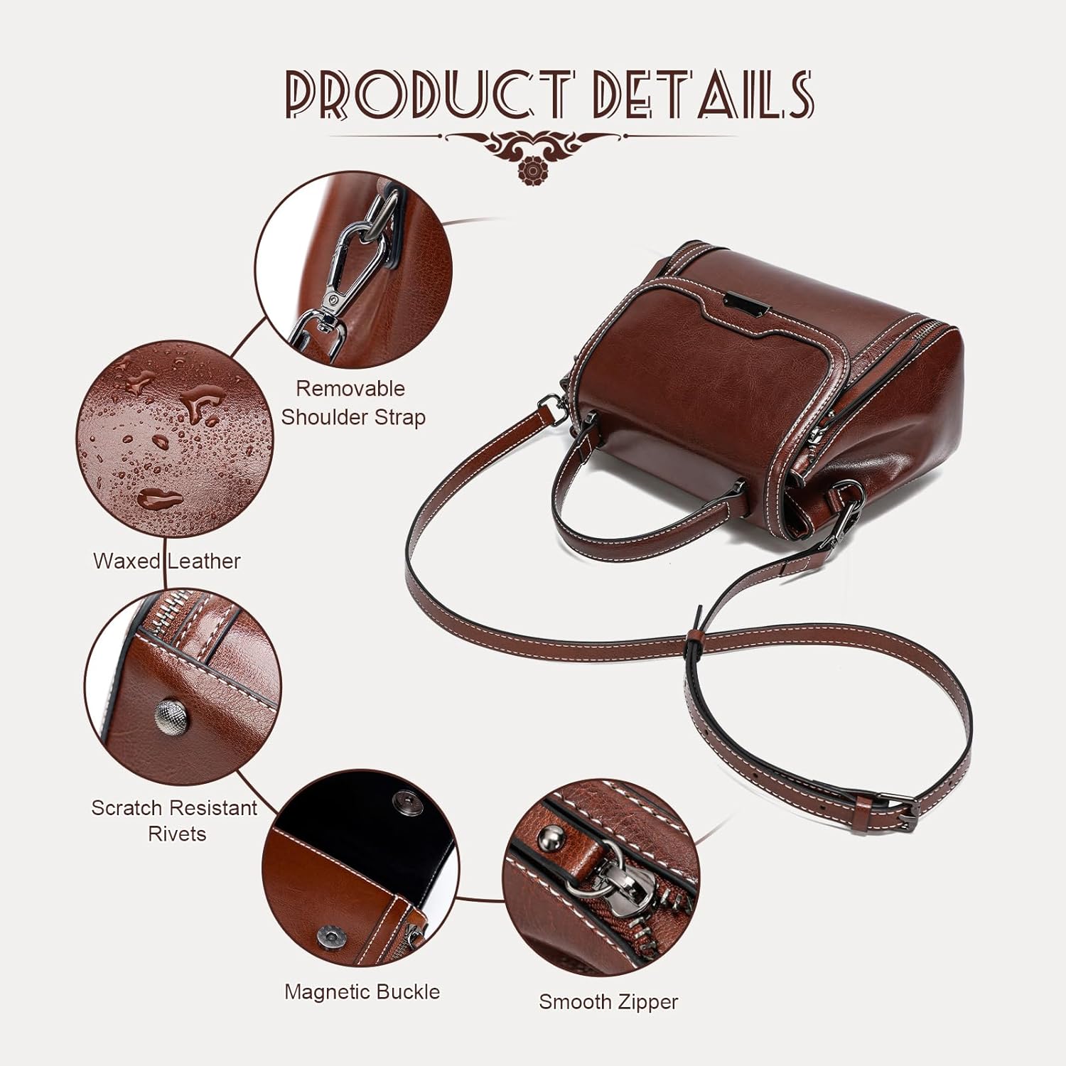 Waxed Leather Crossbody for Women, Top-Handbags Removable 2 Shoulder Straps - Image 4