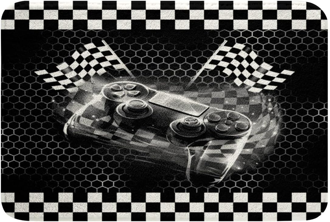 Castle Fairy Gamer Bath Mats for Bathroom Gamepad Checkered Flag Bath Rugs for Shower Tub Decor Soft Shaggy Absorbent Modern Geometric Honeycomb Bathroom Accessories 16"x24"