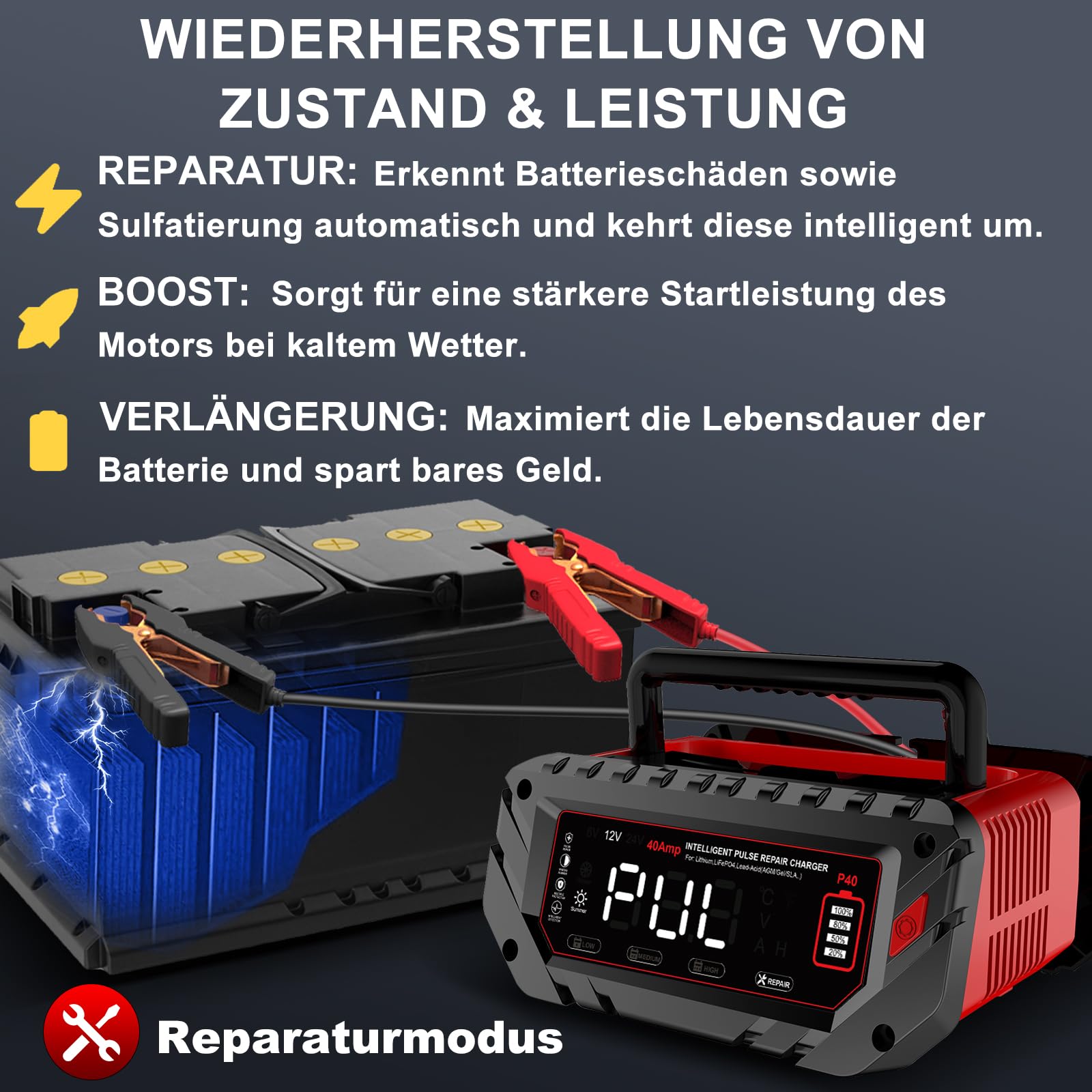 40A Autobatterie Ladegerät, 6V/12V/24V LiFePO4 Ladegerät, Batterieladegerät KFZ für Auto, Motorrad, Rasenmäher, Boot, Lithium, LiFePO4 und Blei-Säure(AGM, Gel, MF, EFB, SLA, VRLA, Wet)