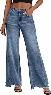 Trendy Queen Women's Wide Leg Jeans Stretchy High Waisted Straight Leg with Raw Hem Baggy Denim Pants
