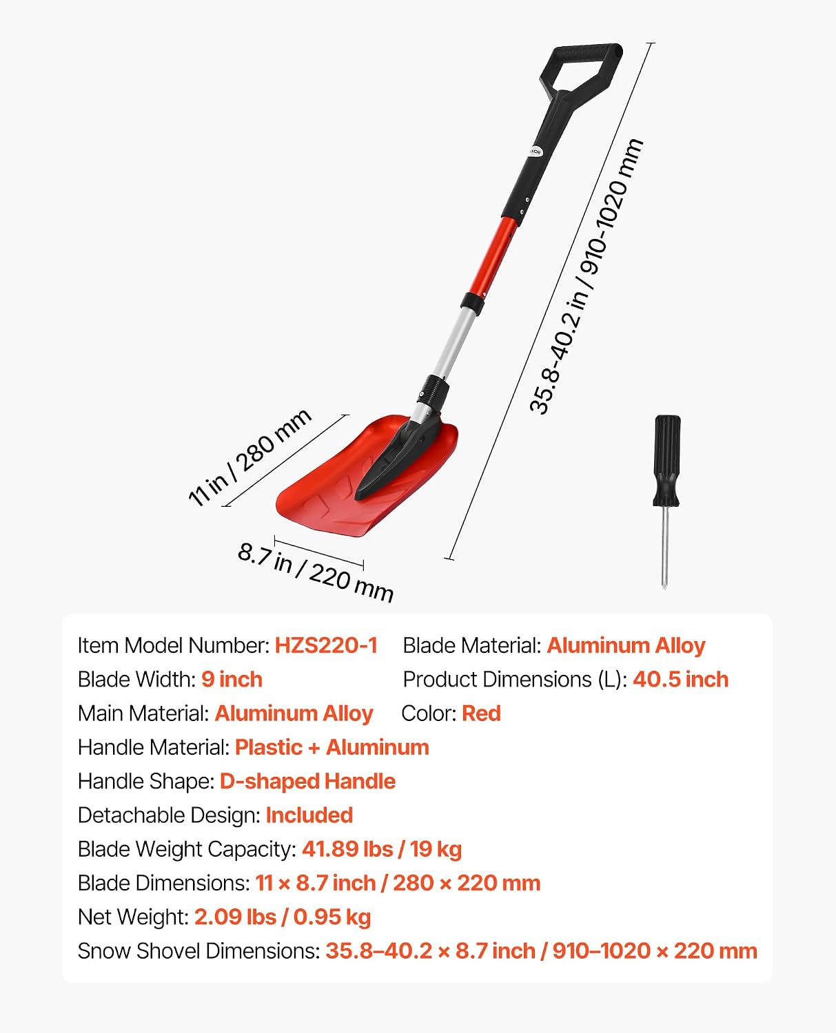 VEVOR Snow Shovel for Driveway, 9 in Foldable Snow Shovel with D-Shaped Handle, 36-40 in Adjustable, Lightweight Aluminum Alloy Snows Removal Tool, Reduce Back Strains for Garden Car Camping