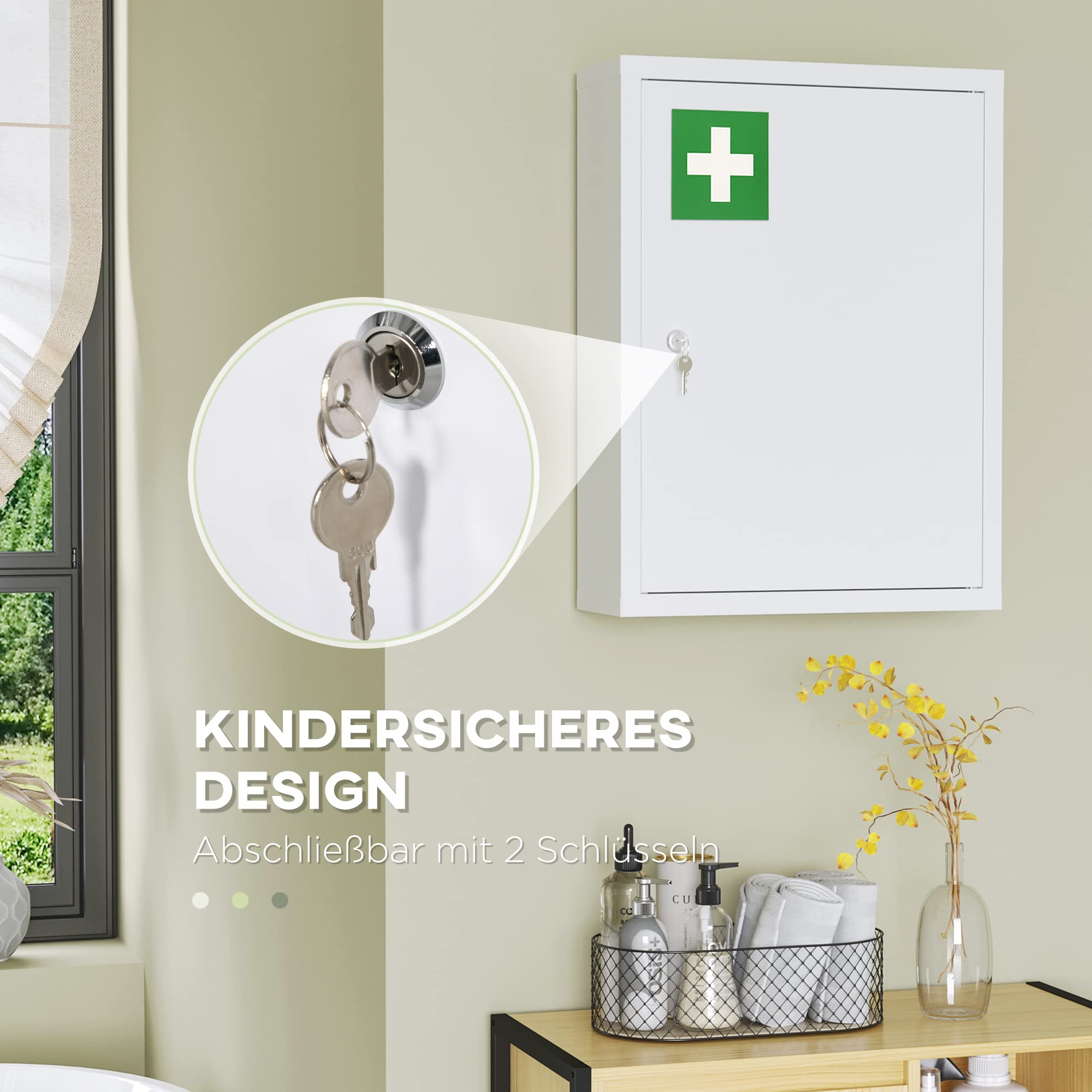 kleankin Medizinschrank, Apothekerschrank mit 3 Fächern, Medikamentenschrank, Abschließbarer Erste Hilfe Schrank mit 2 Schlüsseln, Stahl, Weiß, 40 x 15 x 53,5 cm