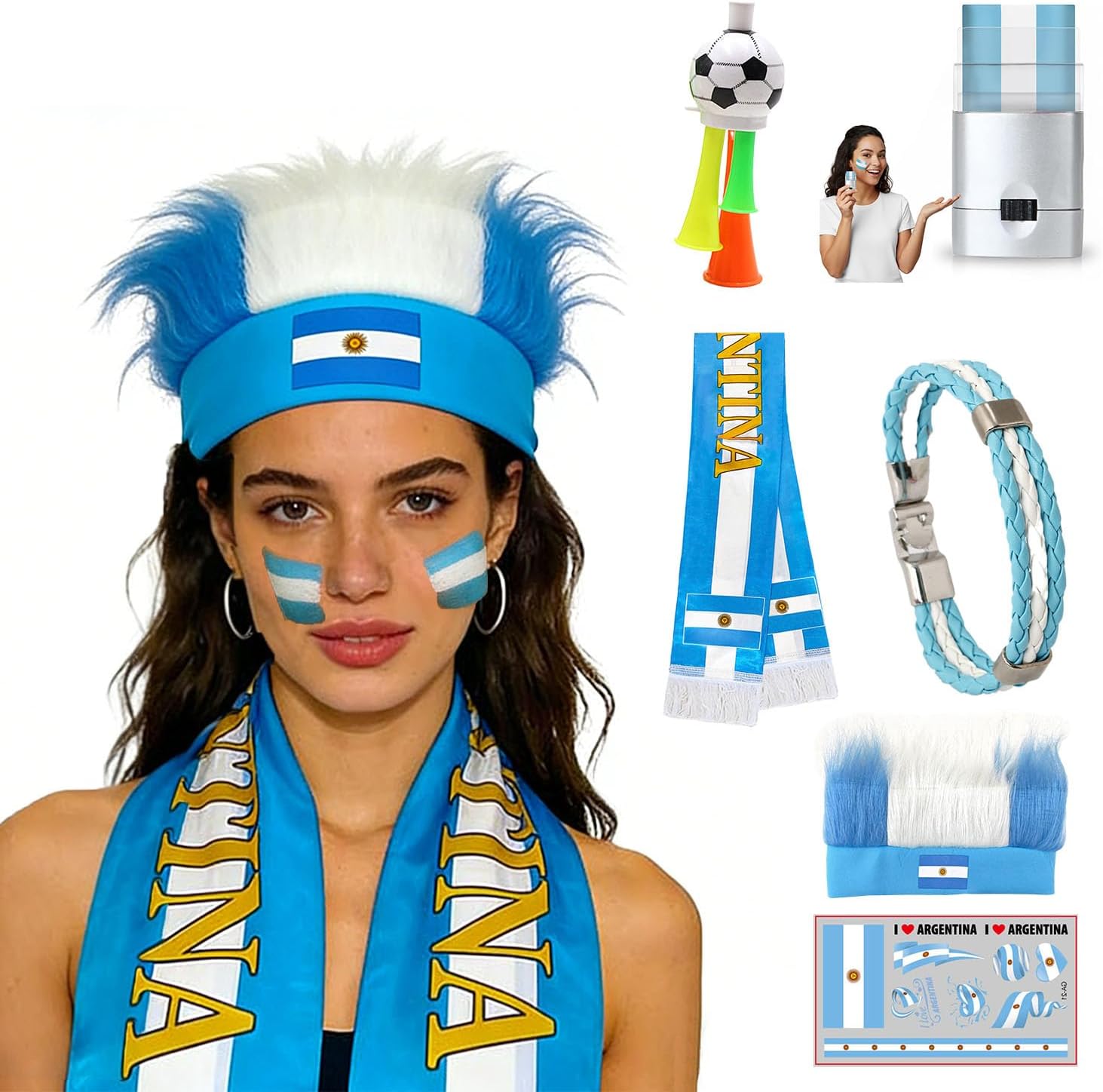 2026 Soccer Football Cheering Kit 6 in 1 for Women Men, Face Paint, Scarf, Wigs, Bracelets, Horn,Tattoo Game Day Fan Accessories Gifts for Argentina Soccer Fans Watch Parties