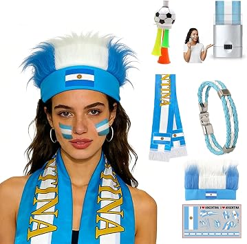 2026 Soccer Football Cheering Kit 6 in 1 for Women Men, Face Paint, Scarf, Wigs, Bracelets, Horn,Tattoo Game Day Fan Accessories Gifts for Argentina Soccer Fans Watch Parties