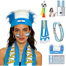 2026 World Soccer Cup Soccer Cheering Kit 6 in 1 for Women Men, Face Paint, Scarf, Wigs, Bracelets, Horn,Tattoo Game Day Fan Accessories Gifts for Argentina Soccer Fans Watch Parties