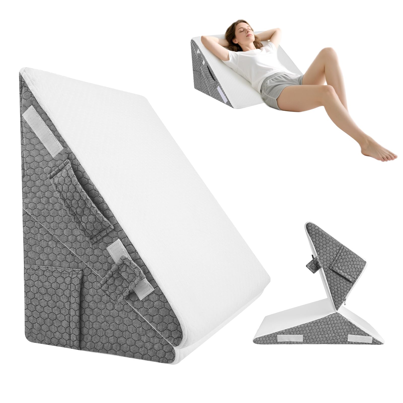Coussin Incliné pour Lit, Oreiller Triangulaire Ergonomique en Mémoire de Forme pour l'apnée du Sommeil, Coussin de Coin, Le ronflement, Reflux Acide, Élévation des Jambes (Blanc Gris)